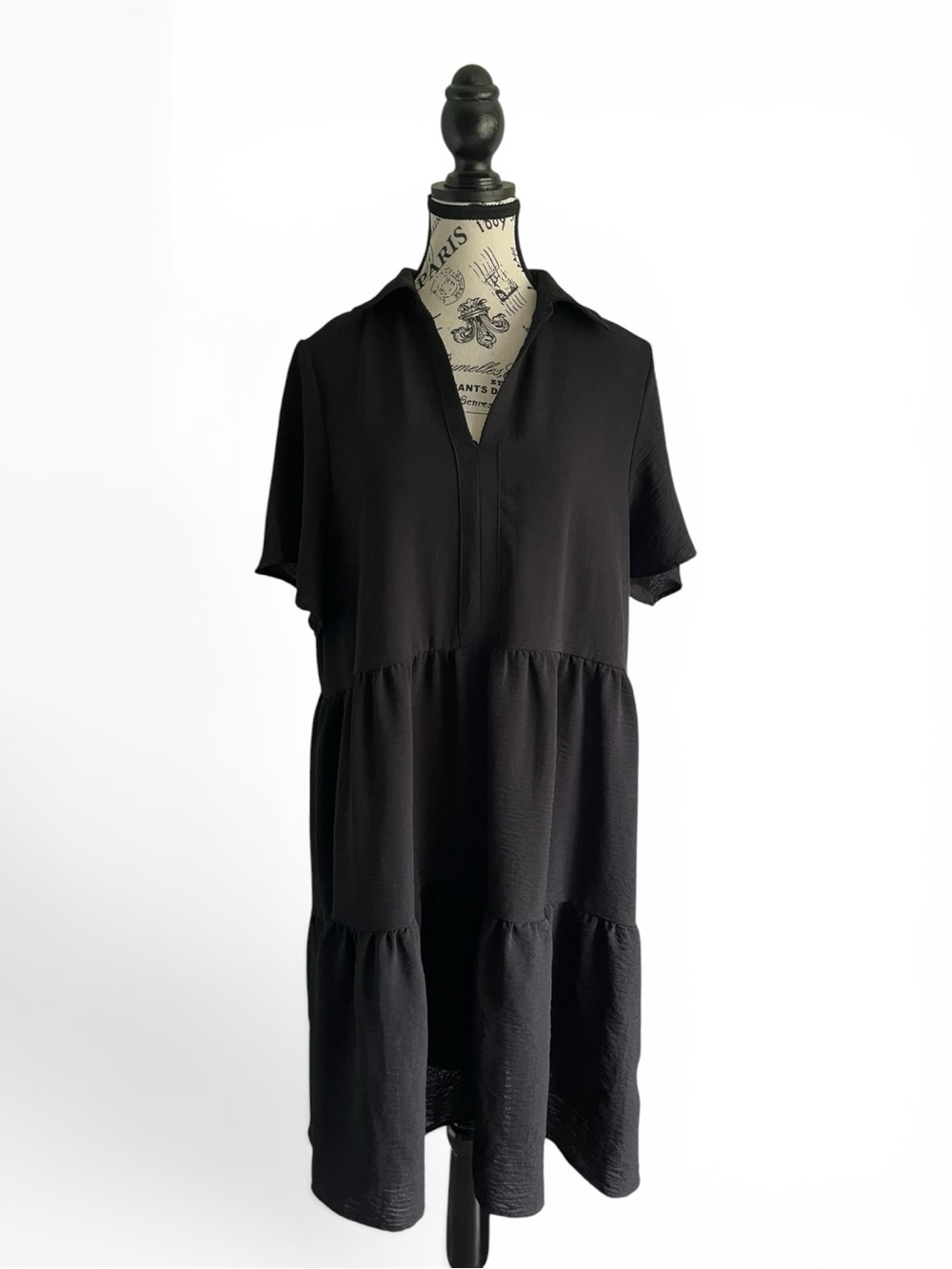 Tahari Tiered Shirt babydoll Dress Black Collared Minimalist XL